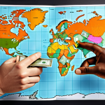 **Prompt:** Digital rendering of hands exchanging money across a world map, symbolizing international trade facilitated by CBDC. Incorporate visual elements of secure digital ledgers and financial inclusion. Modern, clean aesthetic.