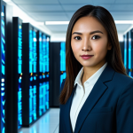 A professional Malaysian female cybersecurity analyst, dressed in a modest business suit, fully clothed, appropriate attire. She stands confidently in a highly secure, modern server room, with abstract glowing digital interfaces and data streams in the background, symbolizing advanced data protection and network defense systems. Her expression is focused and reassuring. The image conveys trust and robust security. Perfect anatomy, correct proportions, natural pose, well-formed hands, proper finger count, natural body proportions. Safe for work, appropriate content, professional, high-resolution, detailed, cinematic lighting, professional photography.
