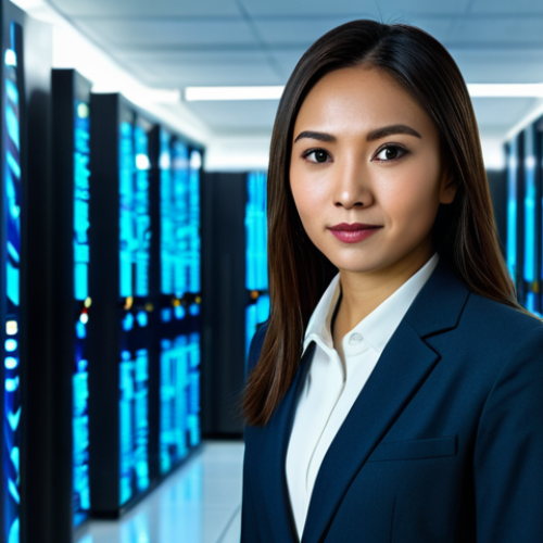 Home 8 A professional Malaysian female cybersecurity analyst, dressed in a modest business suit, fully clothed, appropriate attire. She stands confidently in a highly secure, modern server room, with abstract glowing digital interfaces and data streams in the background, symbolizing advanced data protection and network defense systems. Her expression is focused and reassuring. The image conveys trust and robust security. Perfect anatomy, correct proportions, natural pose, well-formed hands, proper finger count, natural body proportions. Safe for work, appropriate content, professional, high-resolution, detailed, cinematic lighting, professional photography.