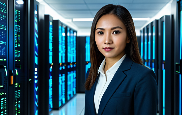 A professional Malaysian female cybersecurity analyst, dressed in a modest business suit, fully clothed, appropriate attire. She stands confidently in a highly secure, modern server room, with abstract glowing digital interfaces and data streams in the background, symbolizing advanced data protection and network defense systems. Her expression is focused and reassuring. The image conveys trust and robust security. Perfect anatomy, correct proportions, natural pose, well-formed hands, proper finger count, natural body proportions. Safe for work, appropriate content, professional, high-resolution, detailed, cinematic lighting, professional photography.